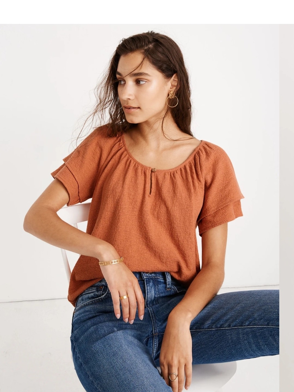 Madewell Texture & Thread Women's Coral Orange Tiered Sleeve Blouse